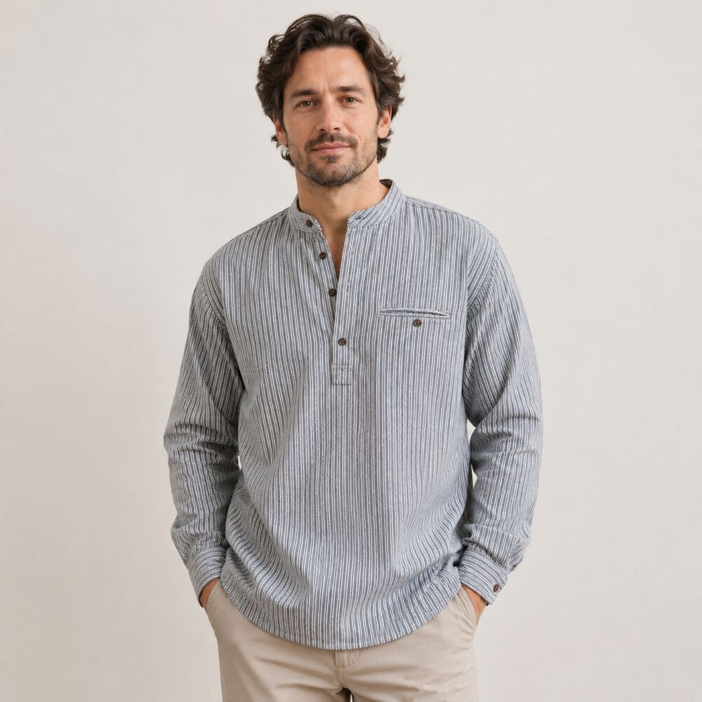Lee Valley Ireland Grandfather Shirt Mens M Gray White Stripe Cotton Band Collar